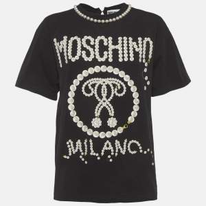 Pre Owned Moschino Black Pearl Print Jersey Oversized T-Shirt XXS