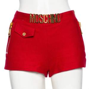 Moschino Couture Red Textured Cotton Logo Belt Detailed Shorts S