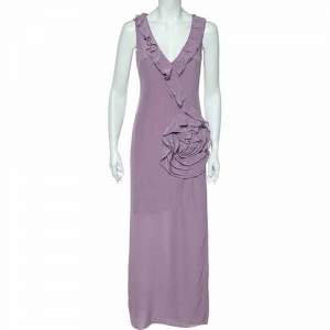 Pre Owned Moschino Cheap & Chic Lilac Silk Chiffon Rose Floral Draped Slit Detail Maxi Dress M
