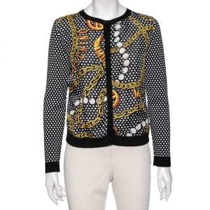 Moschino Couture Multicolored Polka Dotted Chain Print Crepe & Knit Cardigan S