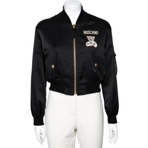 Moschino Couture Black Teddy Print Synthetic Cropped Bomber Jacket S