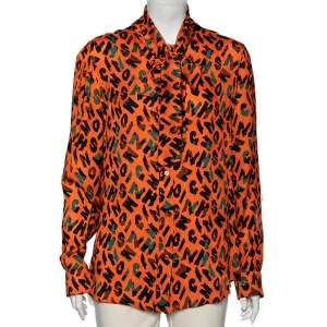 Moschino Couture Orange Printed Silk Neck Tie Detail Shirt L