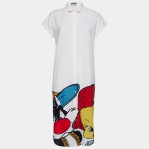 Moschino Couture White Silk Looney Tunes Printed Shirt Dress M