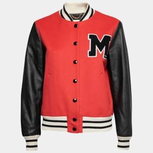 Moschino Couture Red Wool & Leather Flocked Logo Varsity Bomber Jacket M