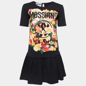 Moschino Couture Black Floral Print Cotton Ruffle Detail Dress S