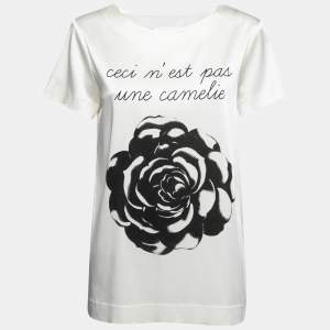 Moschino Couture White Satin Camelia Print T-Shirt M