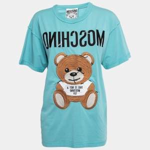 Moschino Couture Blue Teddy Bear Embroidered Cotton Short Sleeve Oversized T-Shirt S