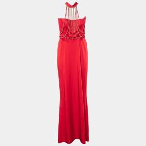 Moschino Couture Red Sateen Neck Chain Detail Evening Gown M
