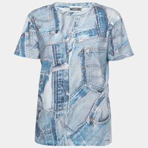 Moschino Couture Blue Denim Print Cotton Crew Neck T-Shirt XL