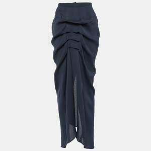 Pre Owned Moschino Couture Navy Blue Silk Chiffon Pleated Detail Maxi Skirt M