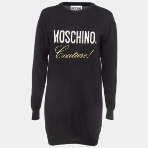 Pre Owned Moschino Couture Black Logo Intarsia Knit Crewneck Mini Dress XS