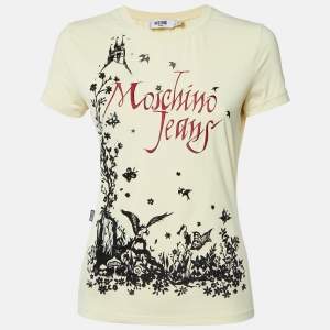 Moschino Jeans Yellow Logo Embroidery and Flock Print Jersey T-Shirt M