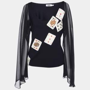 Moschino Jeans Black Cards Applique Detail Jersey Long Sleeve Top L