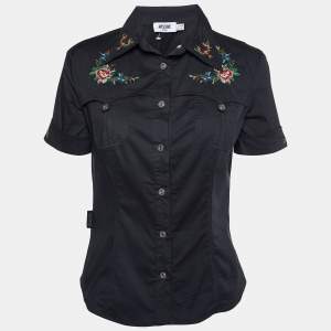 Moschino Jeans Black Cotton Embroidered Detail Button Front Shirt M