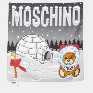 Moschino Grey Igloo Bear Print Silk Scarf