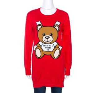 Moschino Couture Red Teddy Bear Jacquard Knit Jumper XXS