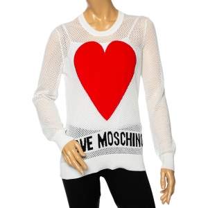 Love Moschino White Mesh Knit Heart Patch Sheer Sweater Top M
