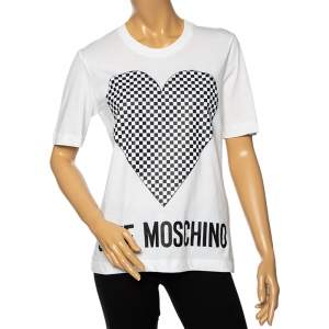 Love Moschino White Cotton Checkered Heart Printed Crewneck T-Shirt M