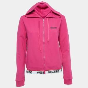 Moschino Pink Logo Print Cotton Zip Front Hooded Jacket S