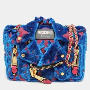 Pre Owned Moschino Blue/Pink Brocade Velvet Biker Shoulder Bag