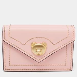 Pre Owned Moschino Pink Leather Teddy Trifold Wallet 