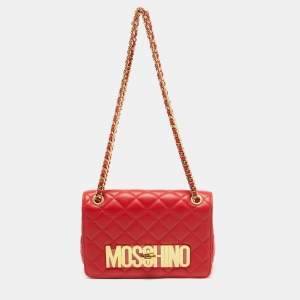Moschino Red Quilted Leather Classic Logo Flap Shoulder Bag