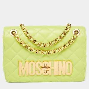 Moschino Neon Green Quilted Leather Classic Logo Flap Shoulder Bag