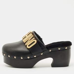 Pre Owned Moschino Black Leather Logo Clogs Size 37