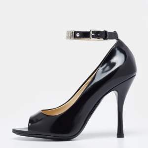 Moschino Black Leather Logo Embellished Open Toe Ankle Strap Pumps Size 36