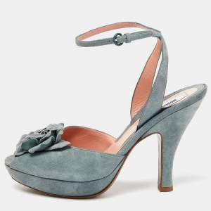Moschino Grey Suede Flower Applique Platform Ankle Strap Sandals Size 38