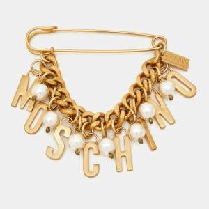 Moschino Logo Faux Pearl Gold Tone Brooch