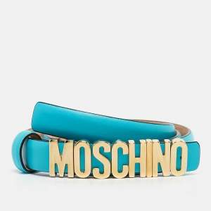Moschino Turquoise Blue Leather Classic Logo Belt 90 CM