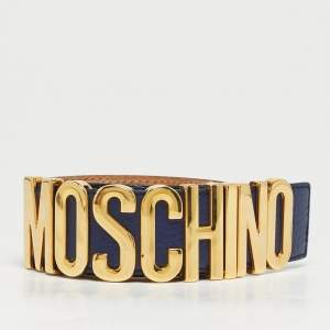 Pre Owned Moschino Navy Blue Leather Classic Logo Waist Belt 