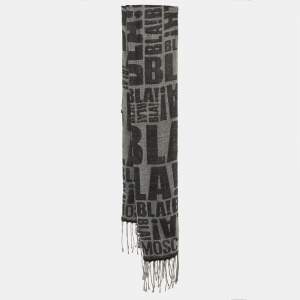 Pre Owned Moschino Grey Bla Bla Wool Blend Fringed Stole