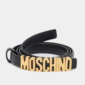 Pre Owned Moschino Black Leather Classic Logo Slim Waist Belt 85CM