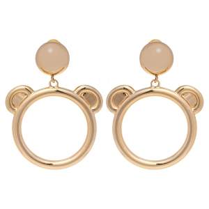 Pre Owned Moschino Teddy Bear Motif Gold Tone Clip On Hoop Earrings