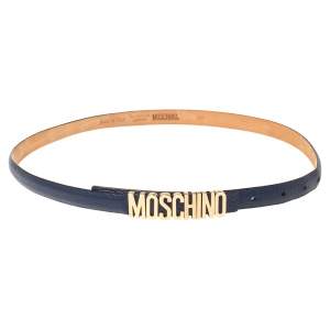 Pre Owned Moschino Blue Leather Logo Slim Waist Belt 80CM