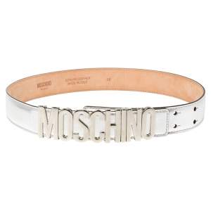 Pre Owned Moschino Metallic Silver Leather Logo Buckle Belt 85 CM
