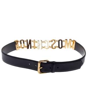 Pre Owned Moschino Black Leather Logo Chain Belt 85CM