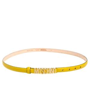 Pre Owned Moschino Yellow Textured Leather Logo Slim Waist Belt 95CM
