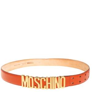 Pre Owned Moschino Orange Grained Leather Classic Logo Belt 95 CM