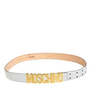Pre Owned Moschino White Grained Leather Classic Logo Belt 95CM