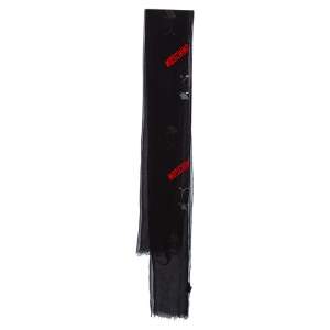 Moschino Black Olive Oyl Embroidered Silk Plisse Scarf