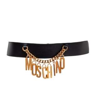 Moschino Black Leather Logo Charm Waist Belt 