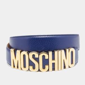Pre Owned Moschino Navy Blue Leather Classic Logo Belt 90CM