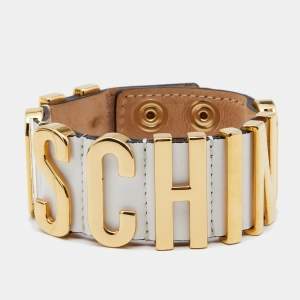 Moschino Logo Plaque White Leather Cuff Bracelet