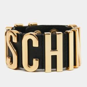 Moschino Black Logo Plaque Leather Wrap Bracelet