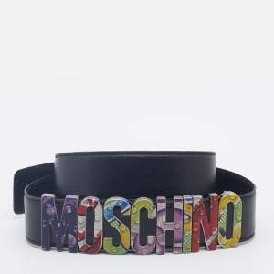 Pre Owned Moschino Black Leather Multicolor Logo Lettering Belt 95CM