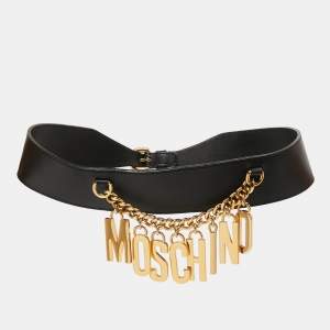 Moschino Black Leather Logo Charm Waist Belt 70CM