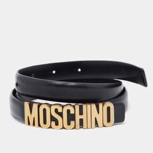 Moschino Black Leather Skinny Logo Belt 75CM